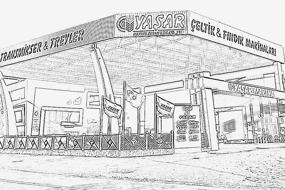 Yaşar Makina fabrika girişinin orijinal fotoğraftan hazırlanmış siyah beyaz kalem çizimi